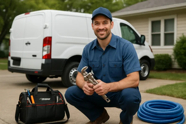 a male plumber smiling and posing for the camera