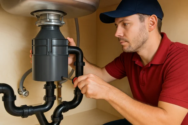 a male plumber using a screwdriver to fix a garbage disposal a male plumber using a screwdriver to fix a garbage disposal