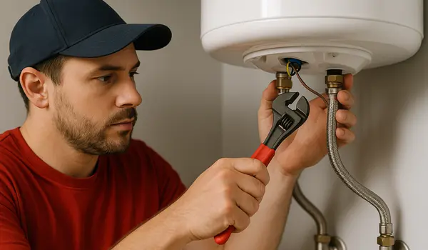 a male plumbing technician tightening a water heater connection