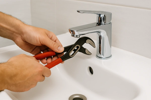 a technician fixing a bathroom faucet