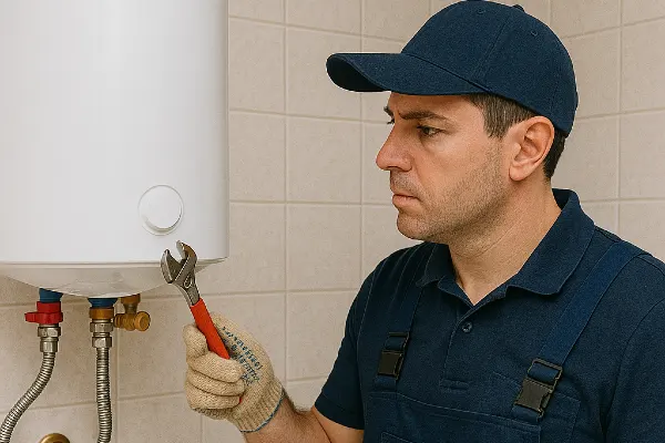 a male plumber working on a water heater mounted on the wall a male plumber working on a water heater mounted on the wall