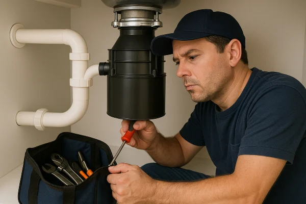 a male plumbing technician fixing a garbage disposal a male plumbing technician fixing a garbage disposal