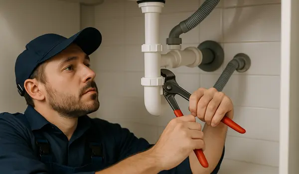 a male plumbing technician tightening a sink pipe a male plumbing technician tightening a sink pipe