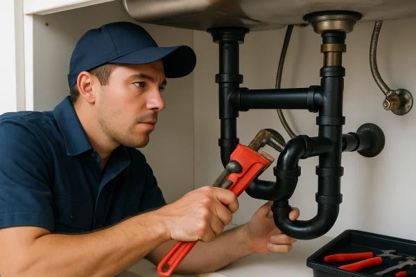 a male plumber fixing a sink pipe