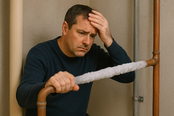 a worried plumber looking at a frozen pipe a worried plumber looking at a frozen pipe
